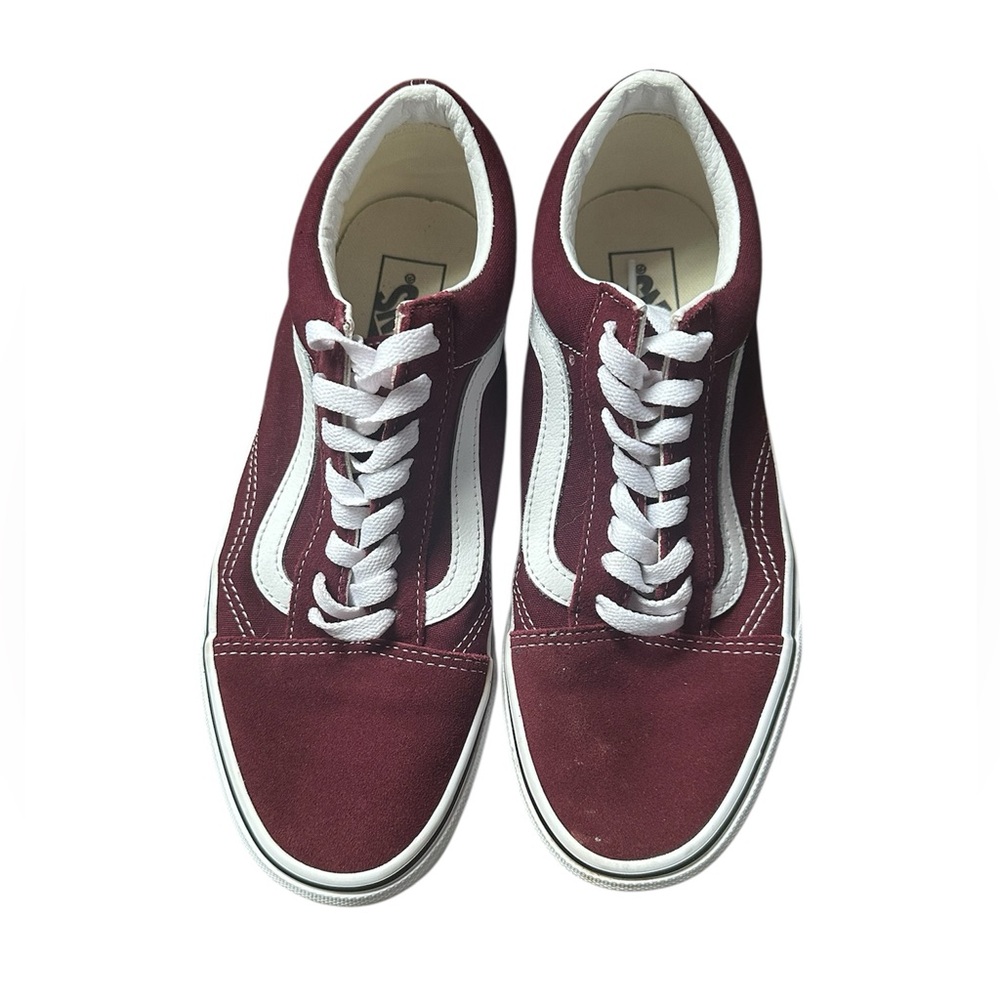 Vans Maroon and White Low Top Classic Sneakers, Men: 7.5 Women:9